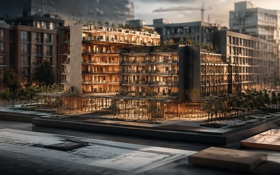 剖面建筑模型与城市街区表现开发和空间使用的概念场景